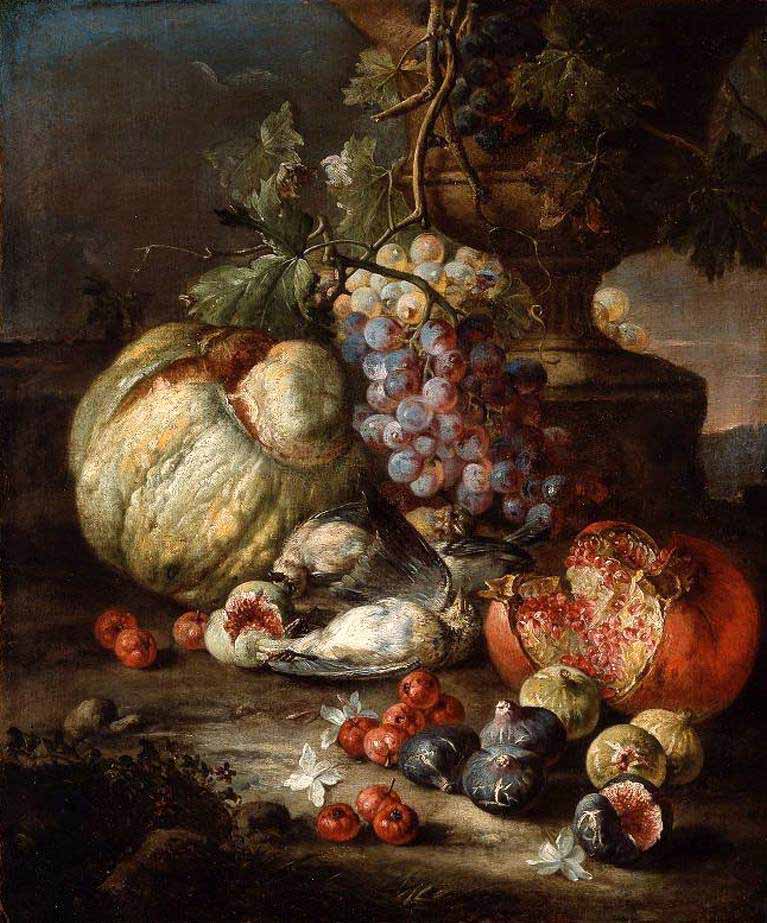 Still Life with Fruit and Dead Birds in a Landscape